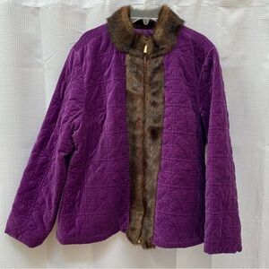 LIZ CLAIBORNE Ladies Quilted Velvet Jacket Faux Fur trimmed Size L
